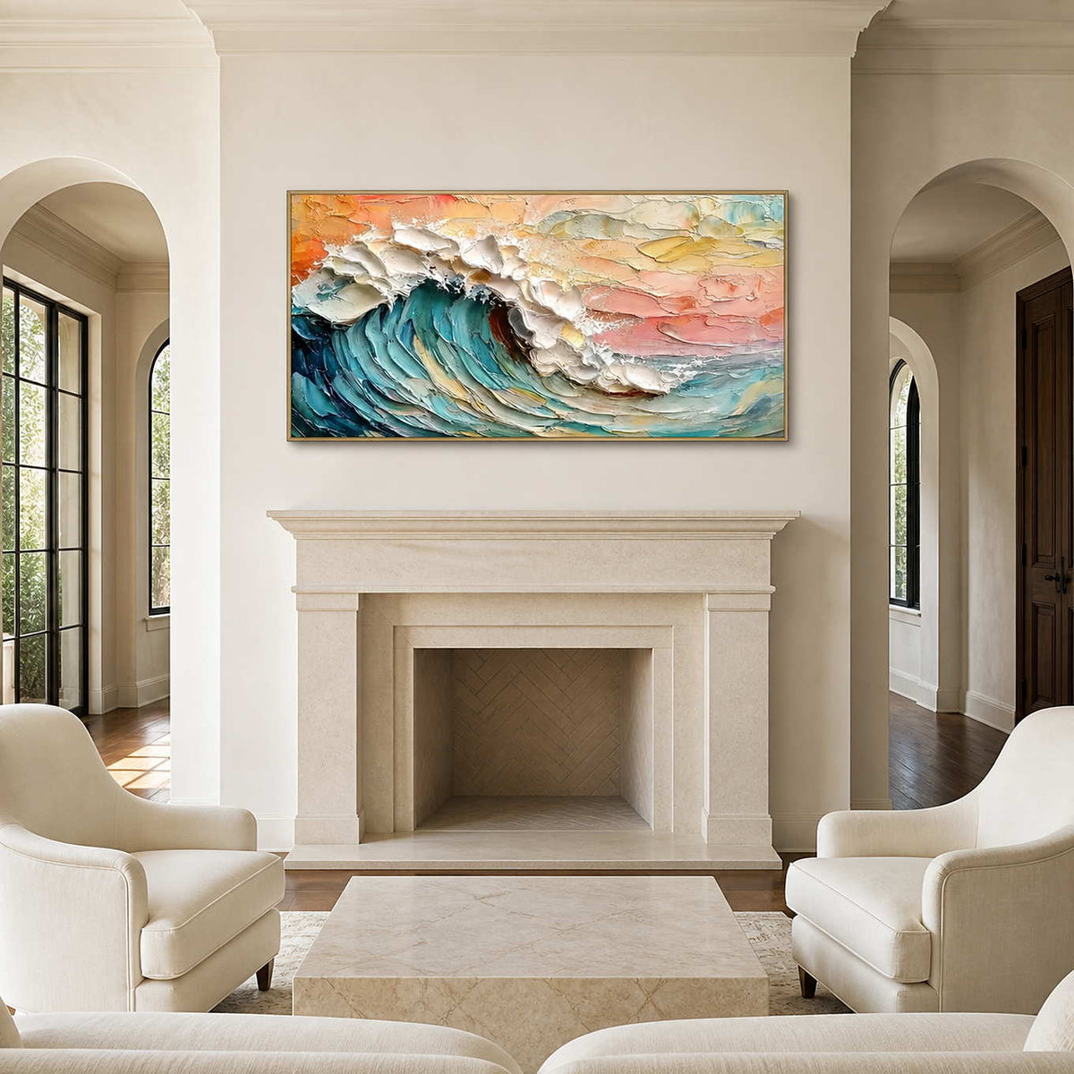 Gold framed sunset wave painting above a stone fireplace between arched doorways.