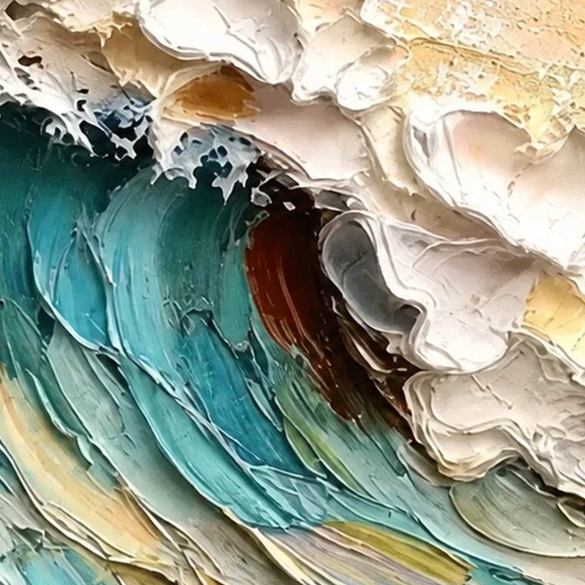 Close view of sculpted white foam curling over turquoise palette knife strokes.