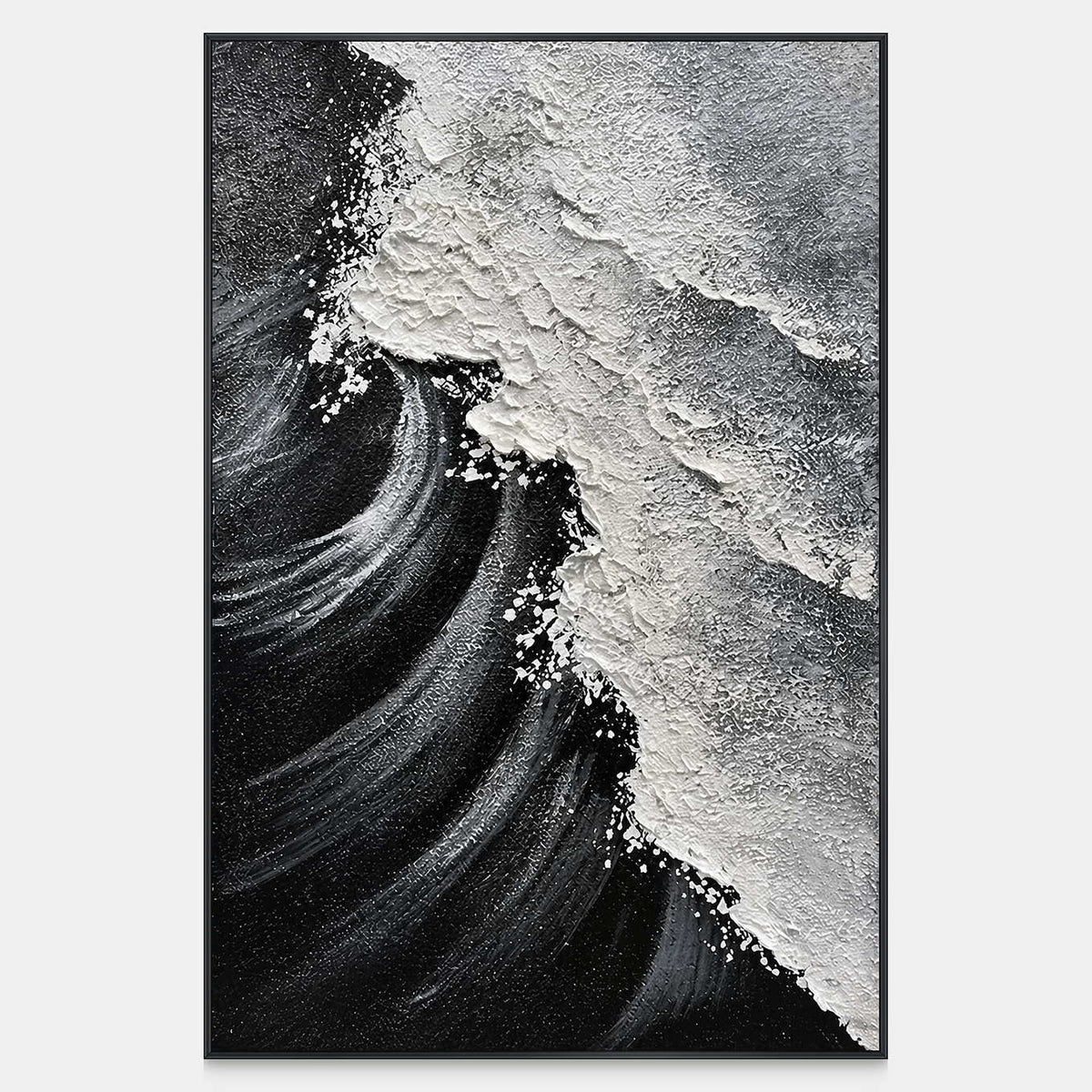 Vertical monochrome coastal artwork with white foam crossing dark curved swells.