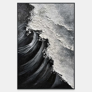 Vertical monochrome coastal artwork with white foam crossing dark curved swells.