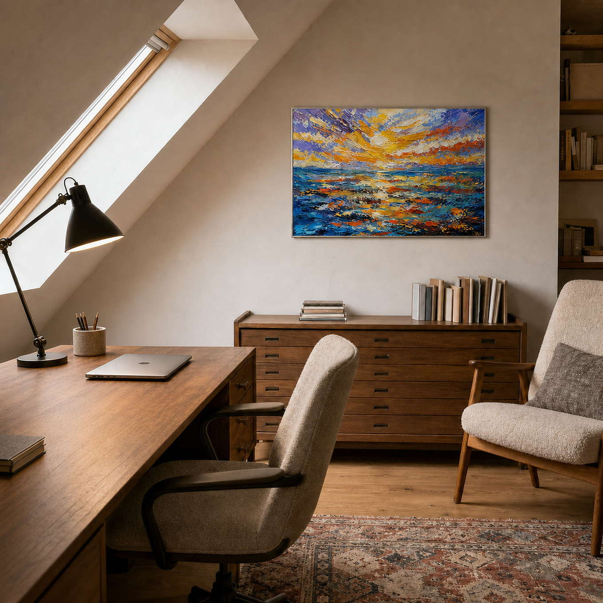 Colorful coastal wall art displayed in a creative home office.