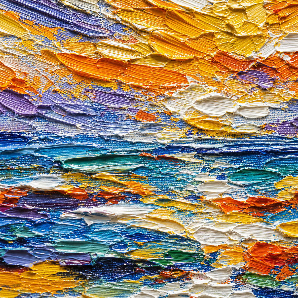 Close-up of thick palette-knife texture in blue, gold, orange, lavender, and white.