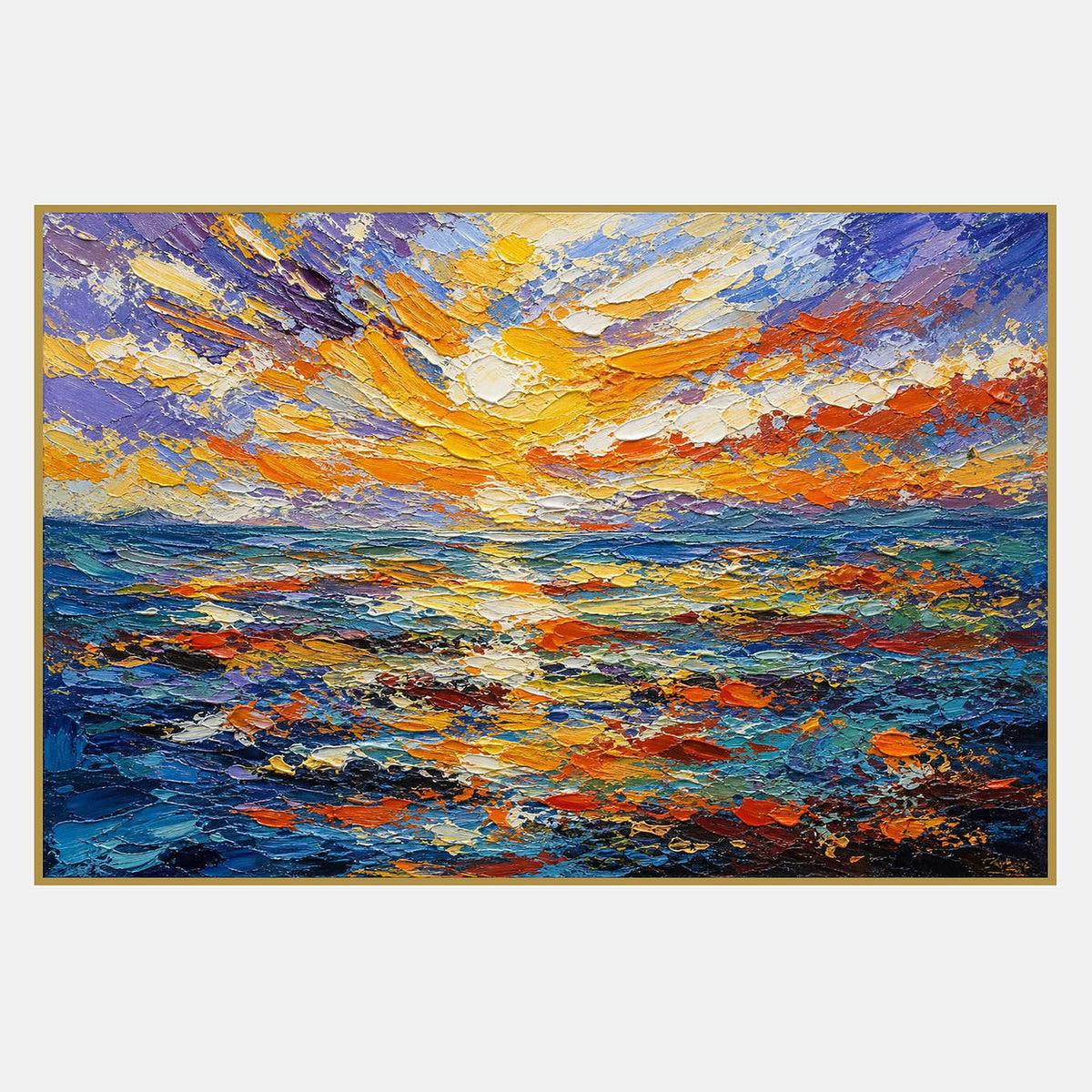 Hand-painted textured seascape with a gold and lavender sunset over a deep blue ocean.