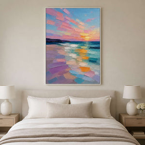 Romantic pastel coastal canvas displayed above a calm neutral bed.