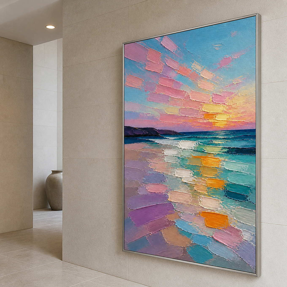 Tall pink and blue coastal painting along a bright hallway.