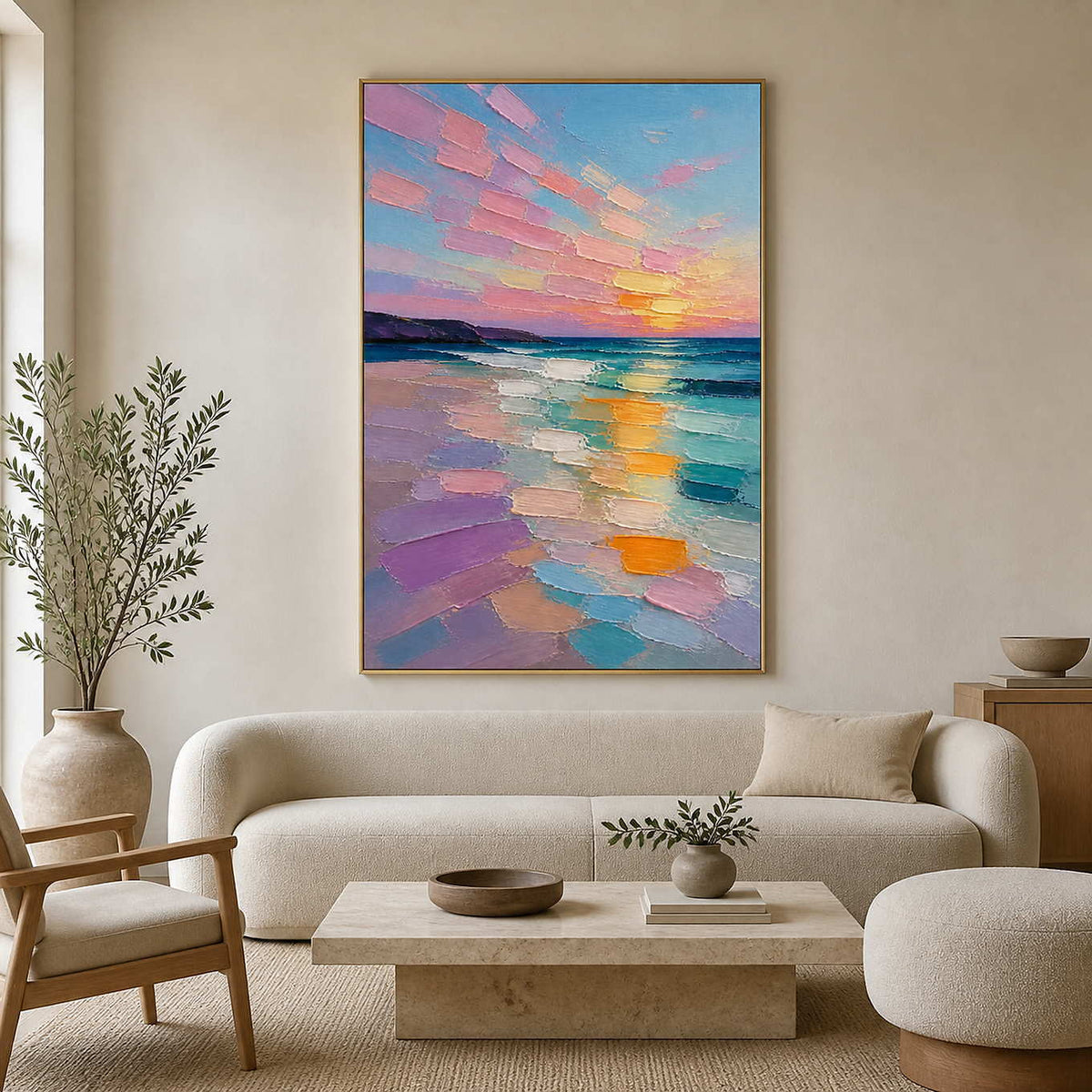 Pastel sunset coastal wall art in a soft neutral modern living room.