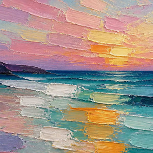 Close-up of rose sky, turquoise water, and golden palette-knife reflections.