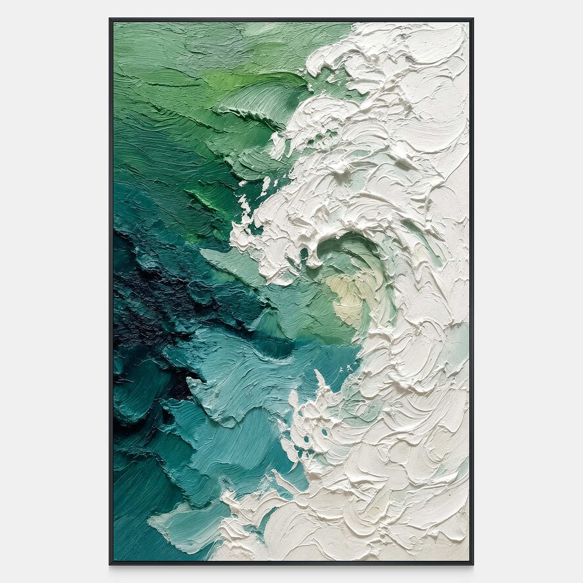 Front view of The Sea Reaches Out, a vertical painting with emerald and turquoise water meeting curling white surf.
