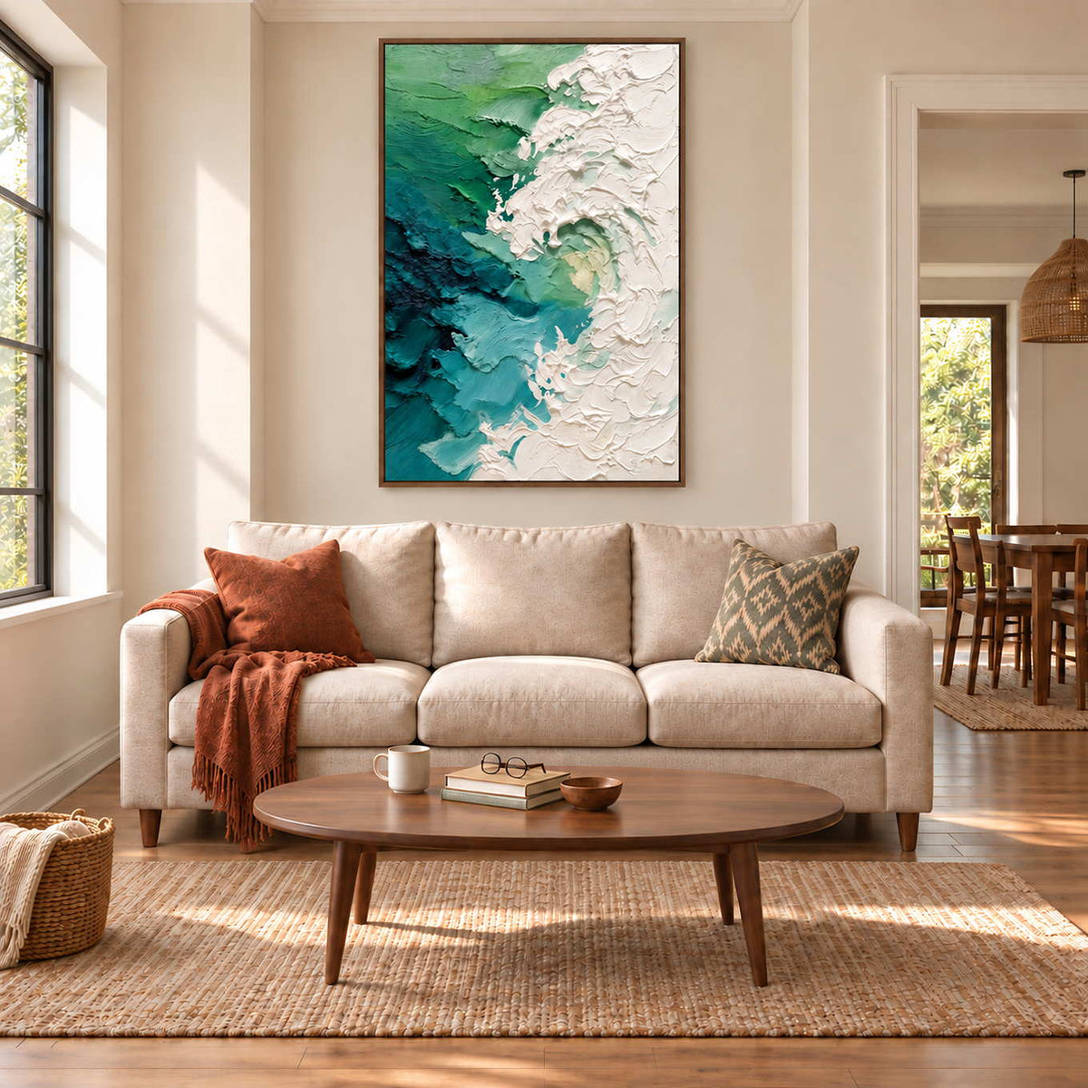 The Sea Reaches Out in a brown wood frame above a cream sofa in a sunlit living room.