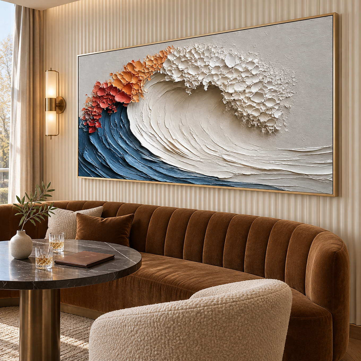 Wide curling wave artwork above a rust upholstered booth on a ribbed cream wall.