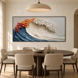 Orange-crested wave painting above an oval dining table under a wide beige pendant.