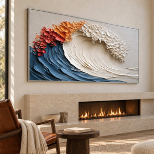 Blue and cream curl artwork above a long lit fireplace beside a brown chair.