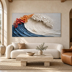 Sculptural-looking wave artwork above a curved cream sofa and pale rectangular coffee table.