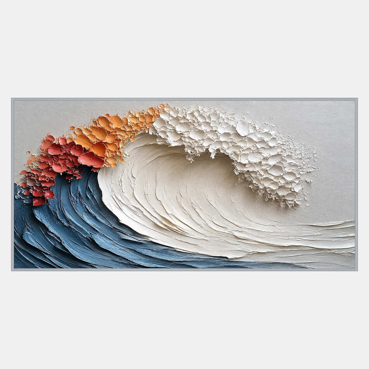 Wide stylized blue-and-cream curling wave with clustered coral, orange, and white cupped marks along the crest.