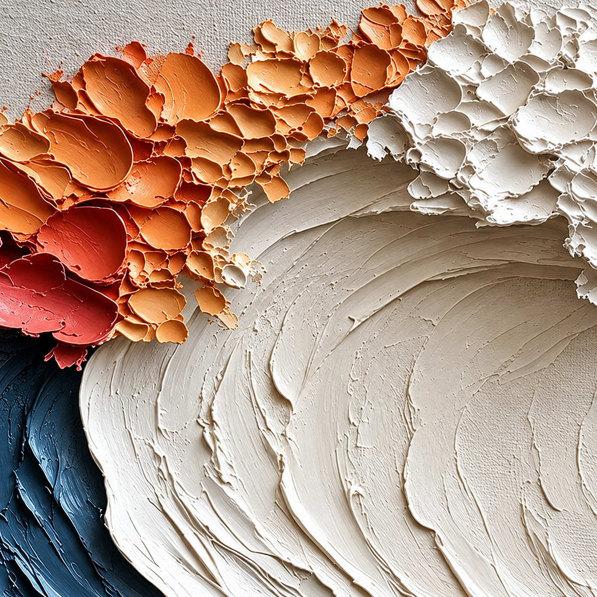 Close-up of cupped orange and white crest marks above a sweeping cream wave face.