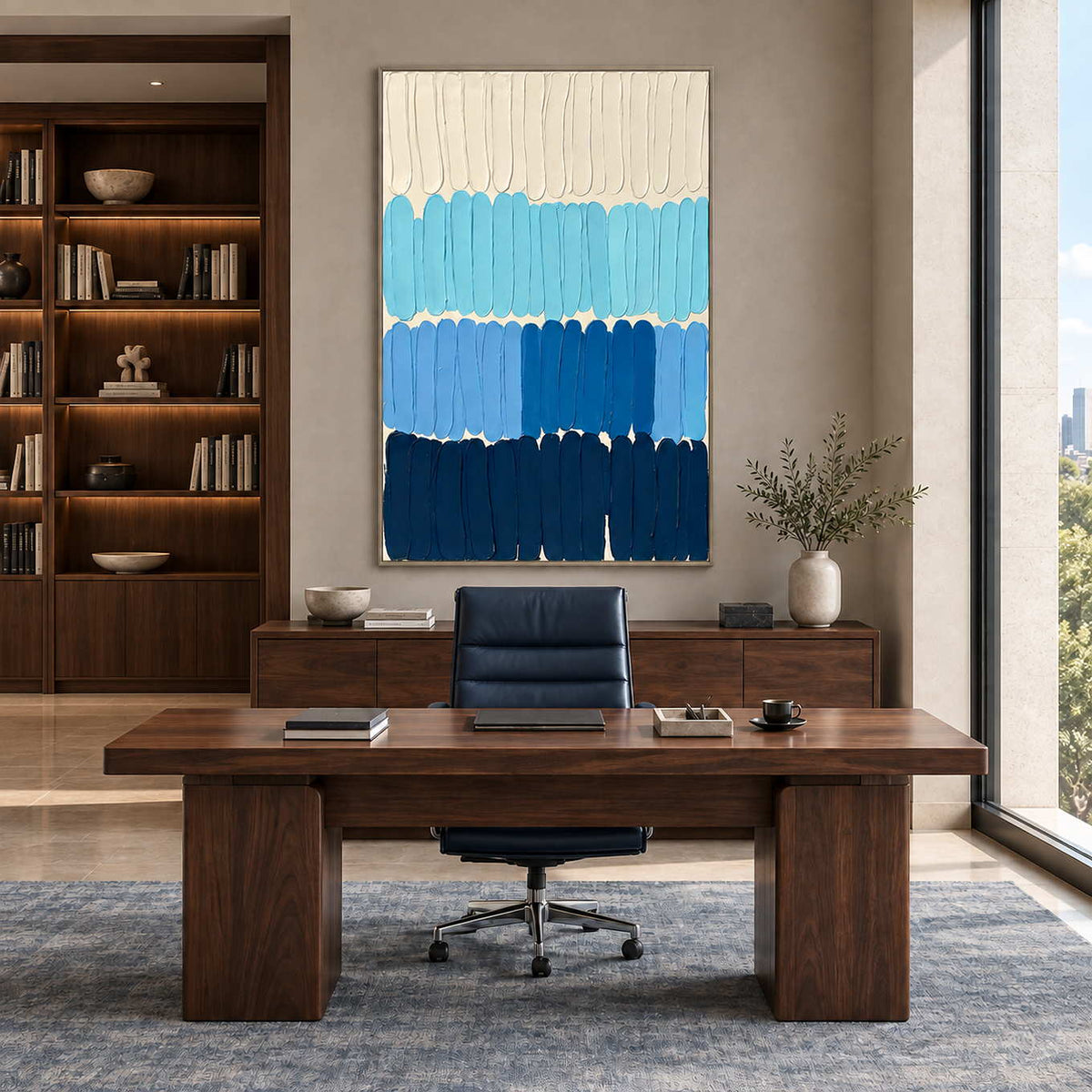 The Sea's Rhythm in a silver frame behind a dark wood desk with a navy office chair.