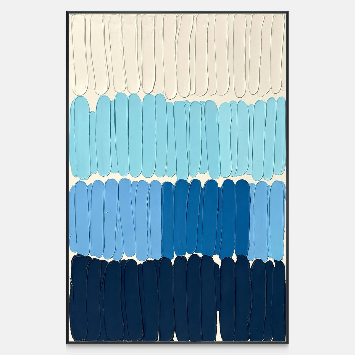 Front view of The Sea's Rhythm, with four rows of elongated rounded strokes changing from cream and turquoise to deep navy.