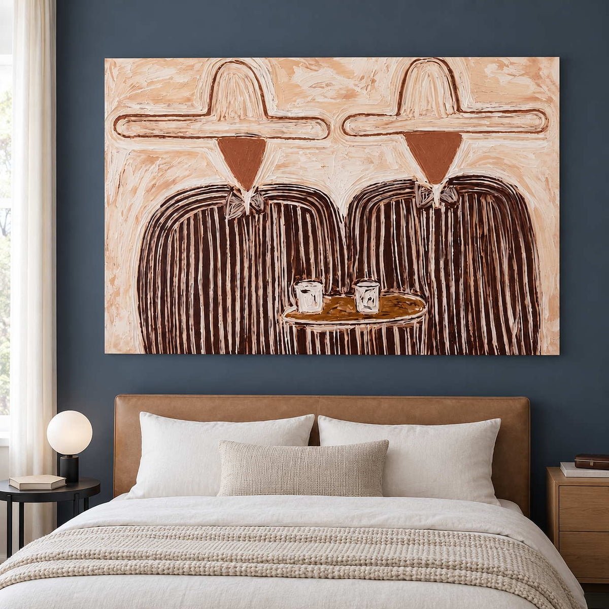 Brown-and-cream figures above a bed against a dark blue wall.
