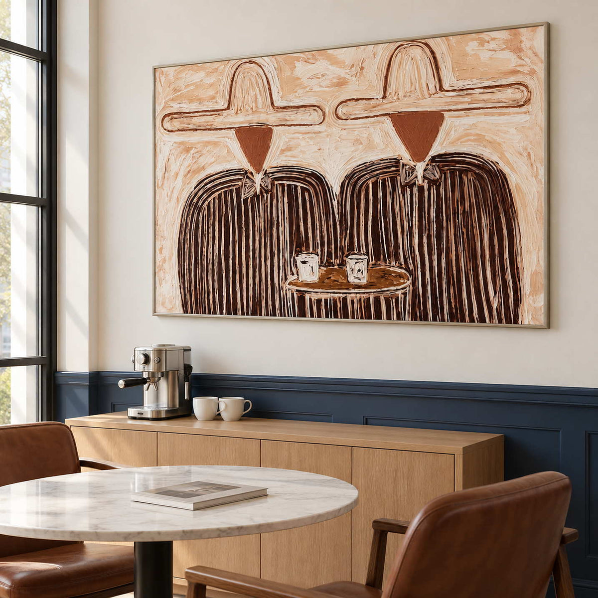 Wide table scene above a cabinet with a coffee machine.