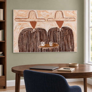 Two-figure painting above a rounded desk beside bookshelves.