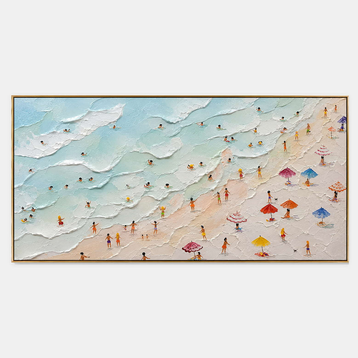 Hand-painted coastal beach wall art with blue, white, and warm tones tones.