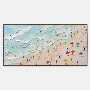 Hand-painted coastal beach wall art with blue, white, and warm tones tones.