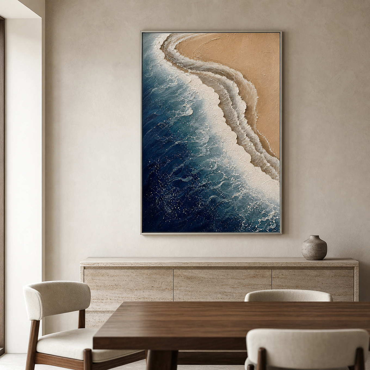 Textured Coastal Wall Art displayed in a refined dining room.