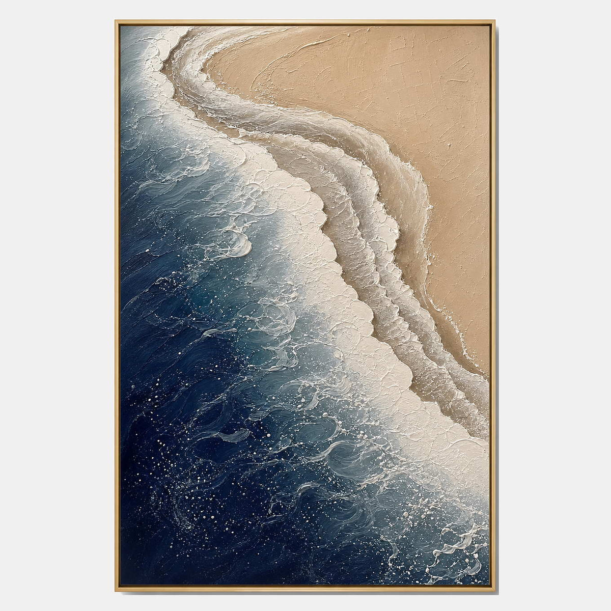 Hand-painted textured coastal wall art with blue, white, and earth tones tones.