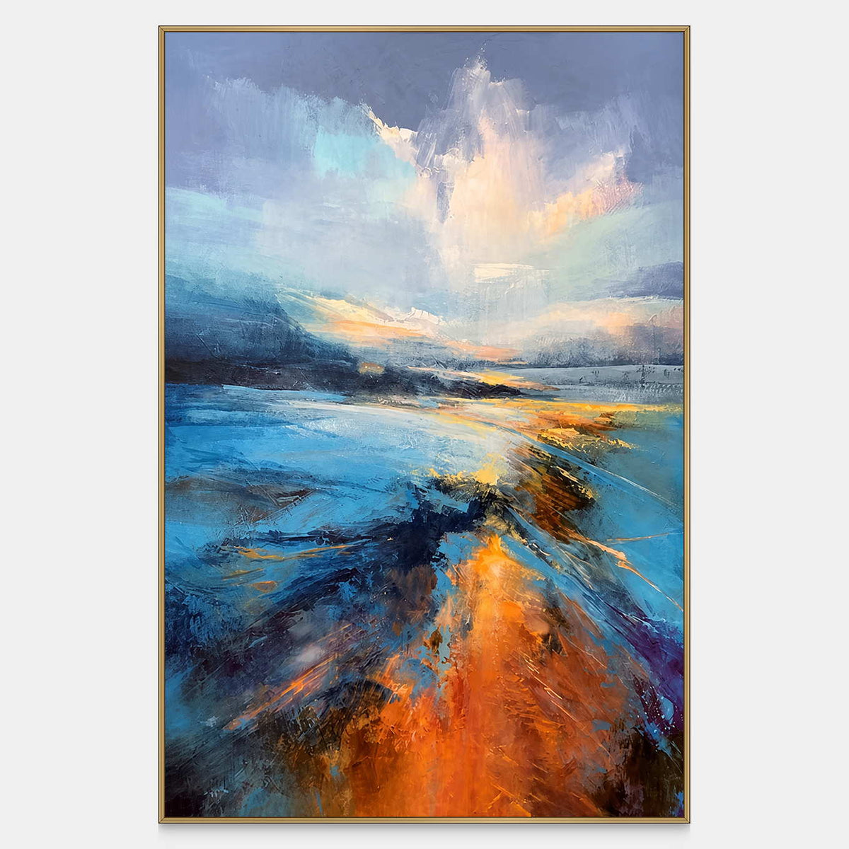 Vertical blue landscape with pale sky light and orange strokes following a curving shoreline.
