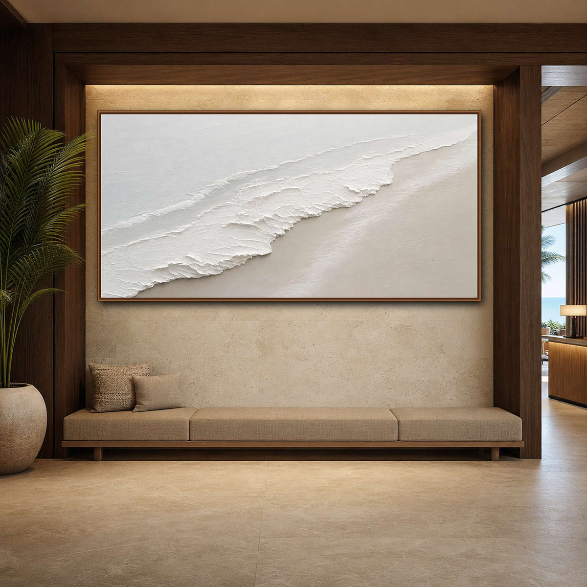 Minimalist Coastal Wall Art displayed in a refined hospitality lounge.