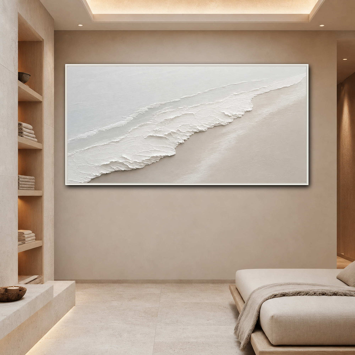 Minimalist Coastal Wall Art displayed in a refined spa reception.