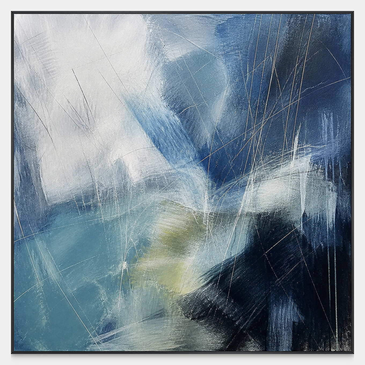 Hand-painted blue abstract canvas with white sweeps and charcoal contrast.
