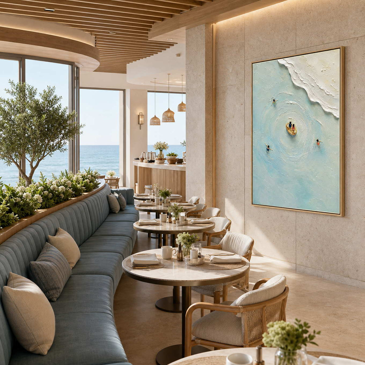 Textured Coastal Wall Art displayed in a refined hospitality lounge 2.