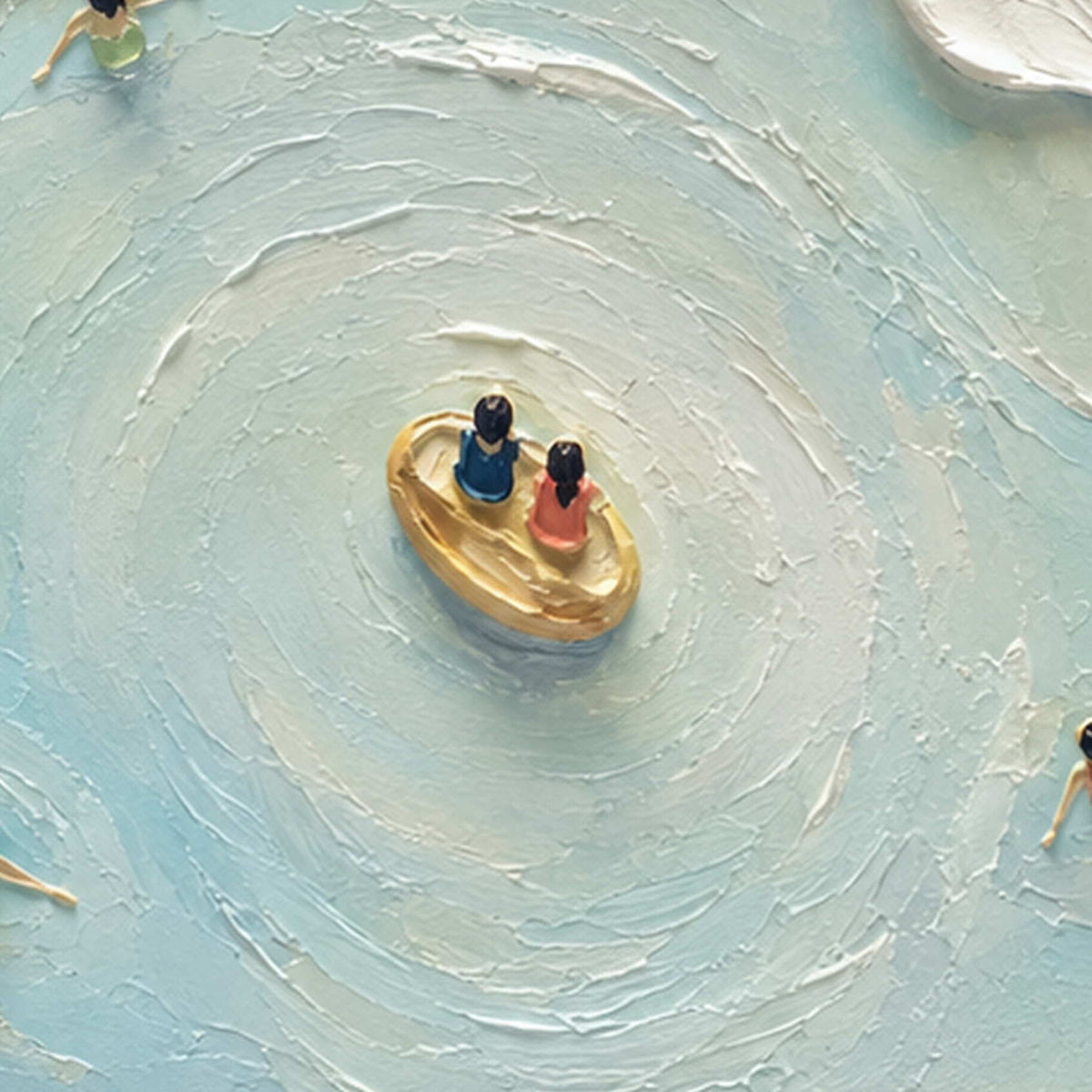 Close-up of raised hand-painted texture in blue, white, and neutral.