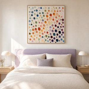 Airy textured abstract wall art displayed above a calm bedroom.