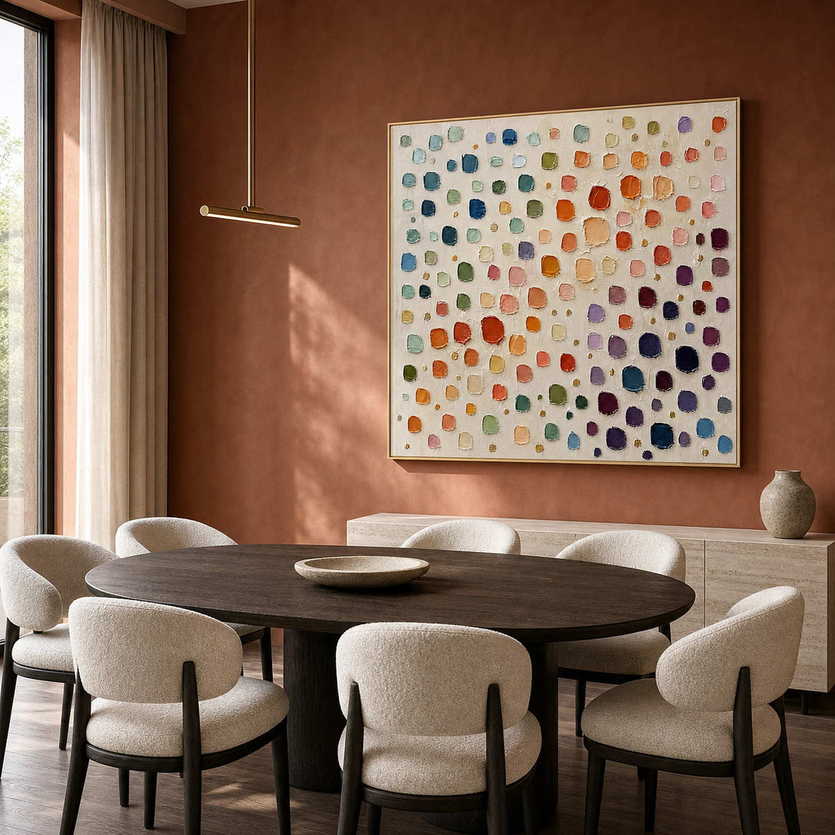 Square colorful abstract canvas styled in a warm modern dining room.