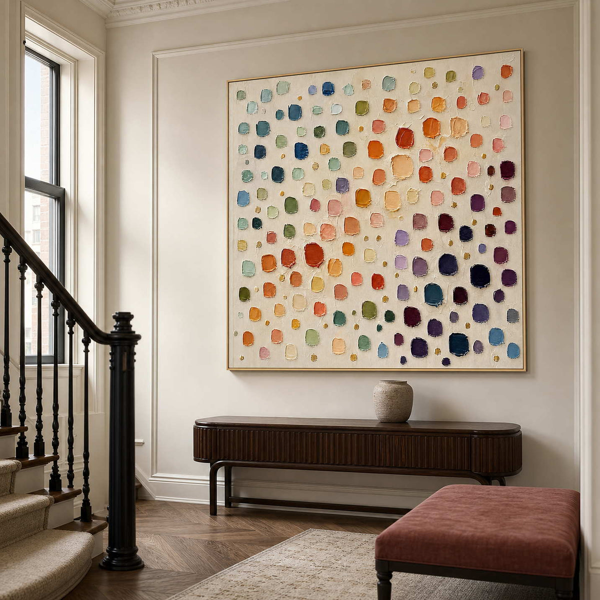 Colorful abstract wall art styled above a refined entryway console.