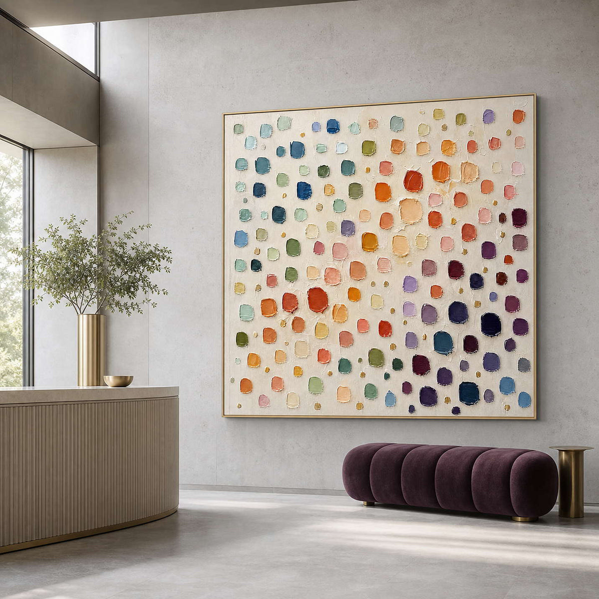 Textured multicolor abstract art displayed in a contemporary hotel lobby.