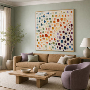 Colorful textured abstract wall art above a warm modern living room sofa.