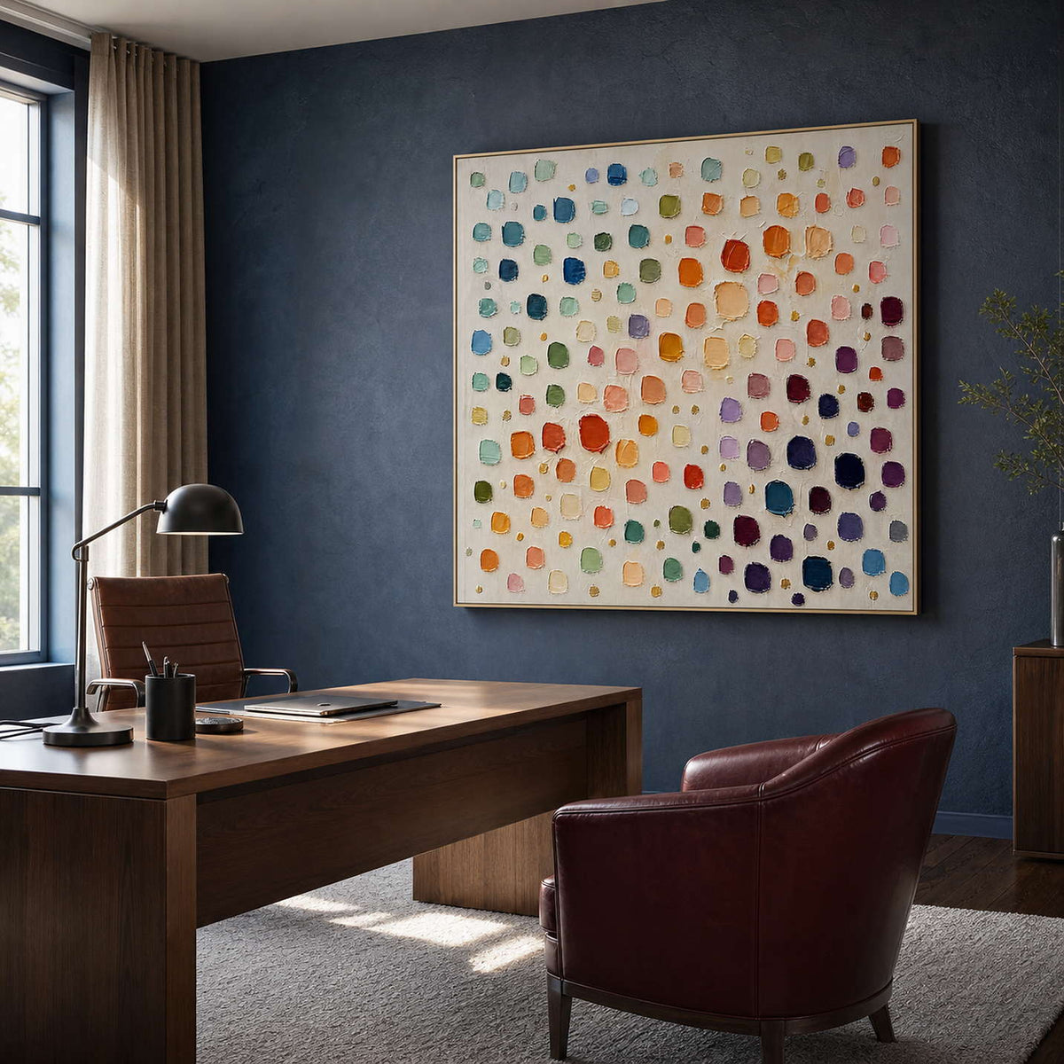 Multicolor textured abstract canvas displayed in a dark modern office.