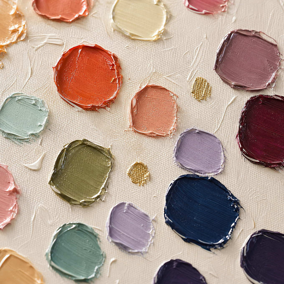 Close-up of rounded palette-knife marks in coral, lavender, teal, and navy.