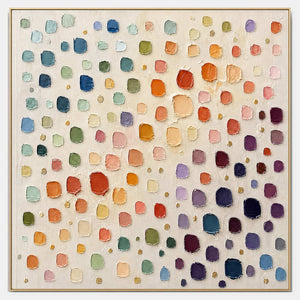 Hand-painted abstract canvas with raised teal, coral, lavender, and gold marks.