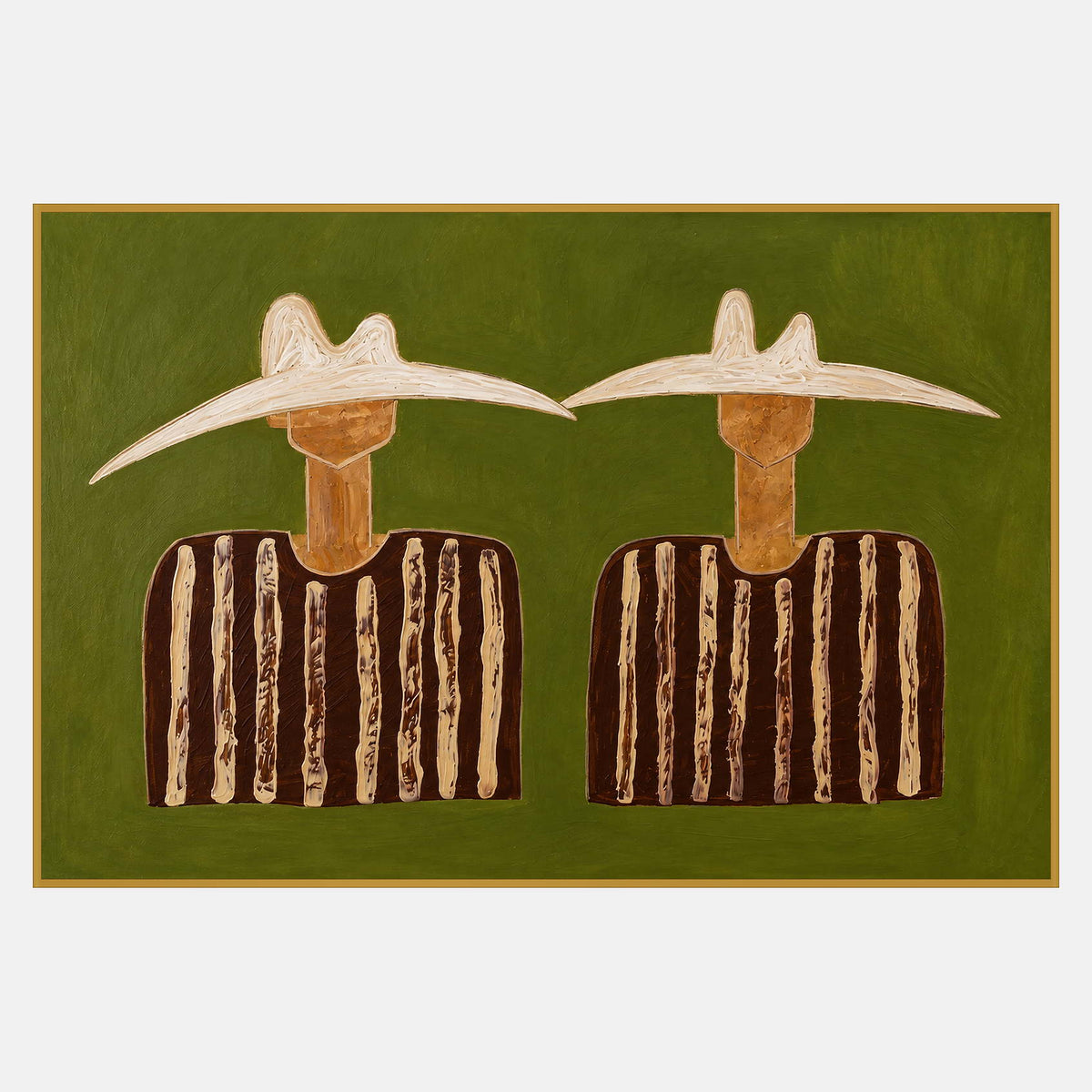 Two brown-clothed figures with raised cream stripes and broad pale hats nearly touching against olive green.