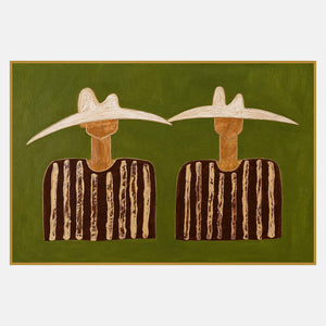 Two brown-clothed figures with raised cream stripes and broad pale hats nearly touching against olive green.