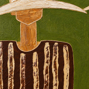 Detail of a cream brim, elongated neck, and rough pale stripes on brown.