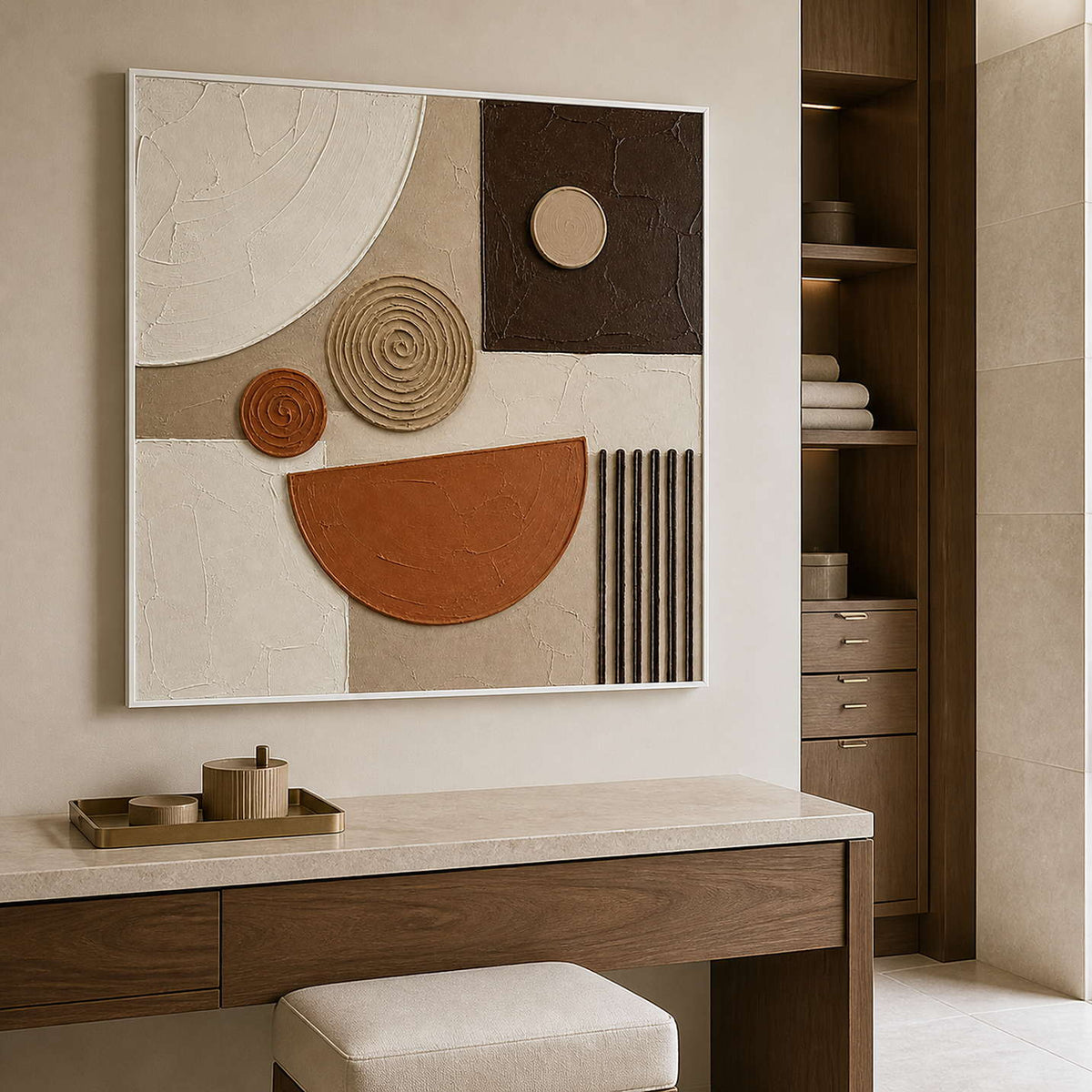 Square terracotta and neutral wall art displayed in a modern bathroom.