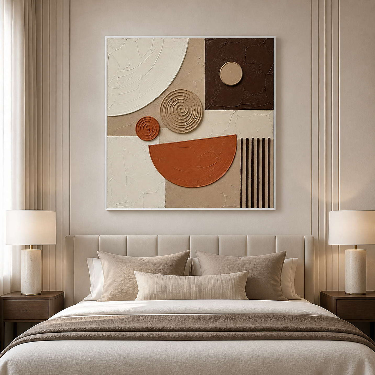 Square boho abstract wall art displayed above a serene neutral bed.