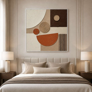 Square boho abstract wall art displayed above a serene neutral bed.