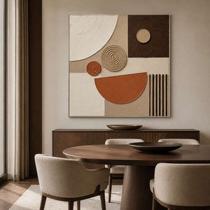 Textured earth-tone wall art styled above a contemporary dining room console.