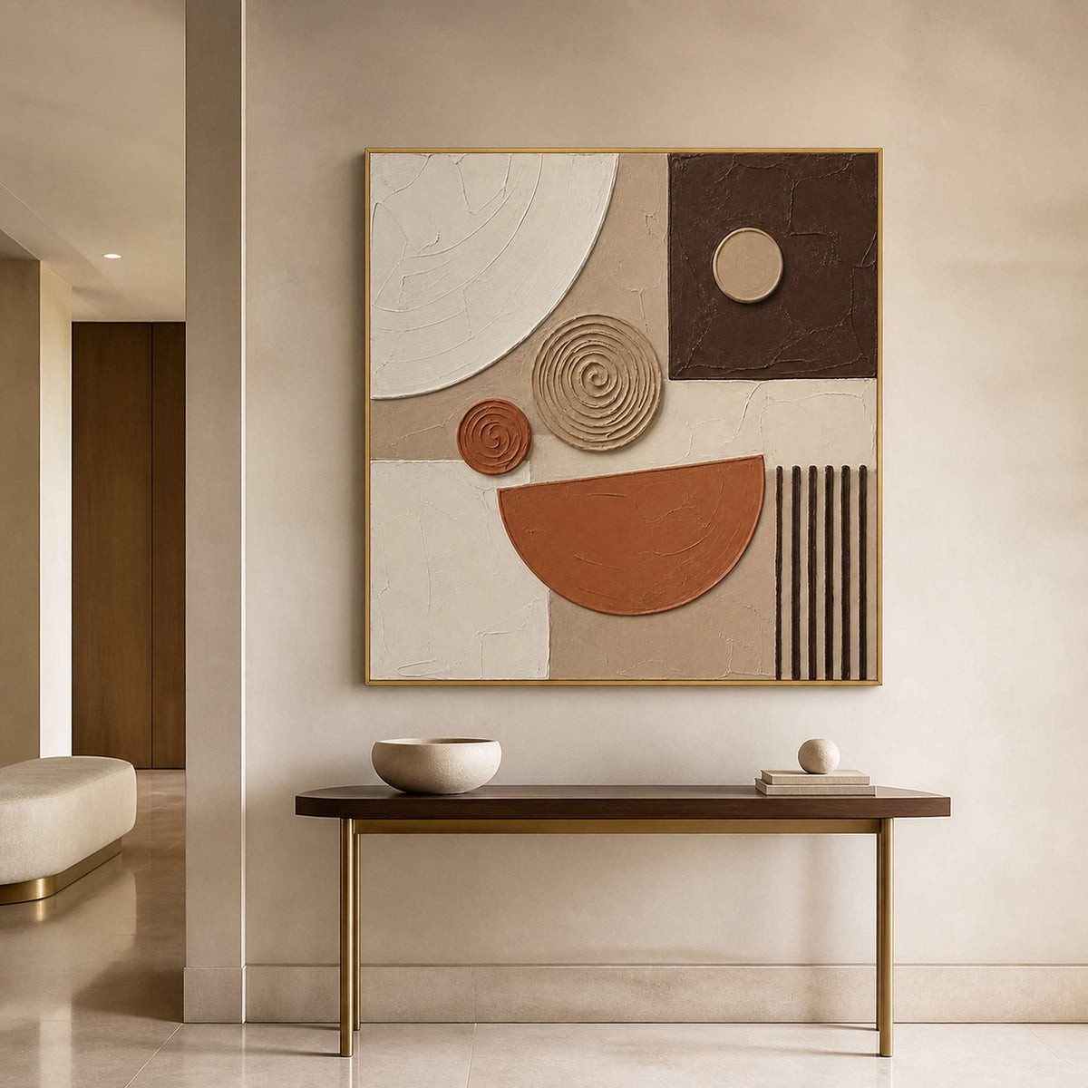 Textured boho wall art creating a composed focal point in a bright entryway.